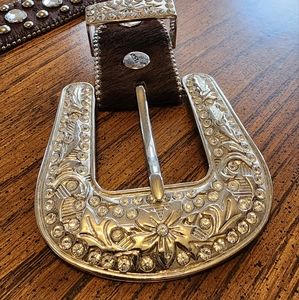 BHW Rhinestone Western Belt Womens Size 38 Brown Large and Small Silver Studs